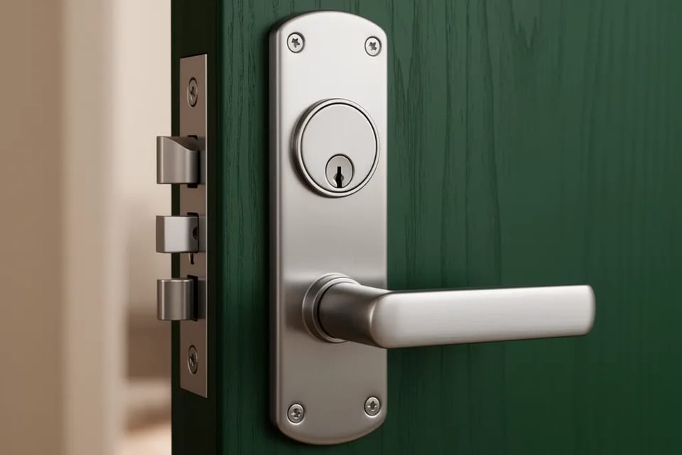 A satin-nickel lockset fitted to a deep green door — escutcheon, key cylinder and lever on the face, with the latch and deadbolt visible on the open door edge.