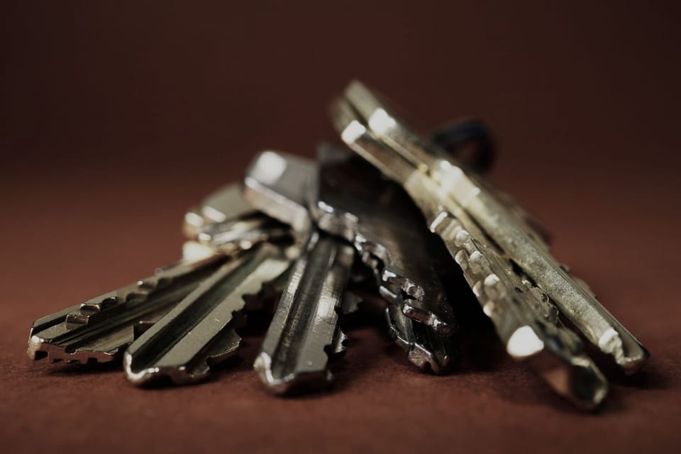 A bunch of keys fanned out on a dark surface, photographed close enough that the individual cut teeth along each blade are clearly visible.